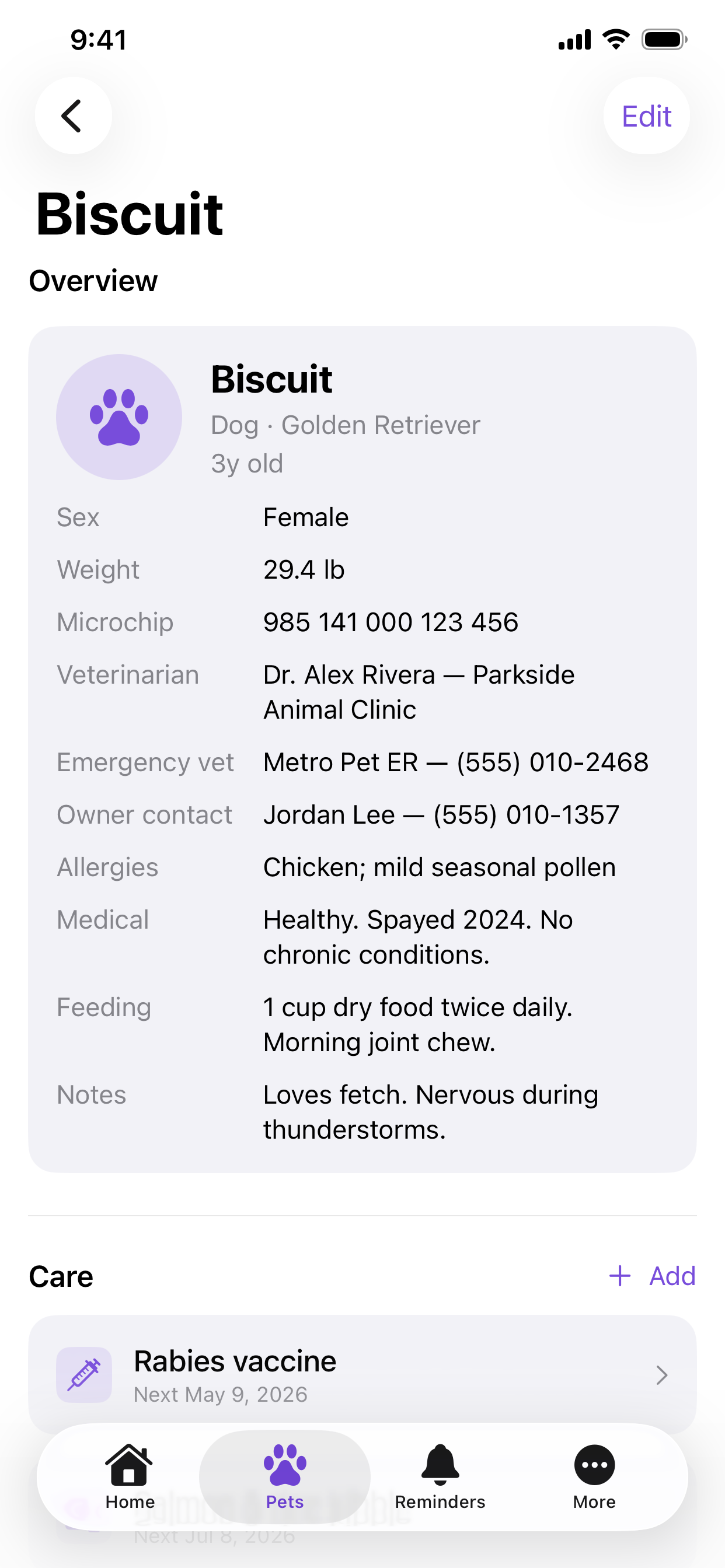 Biscuit pet profile overview showing care details, contacts, and records