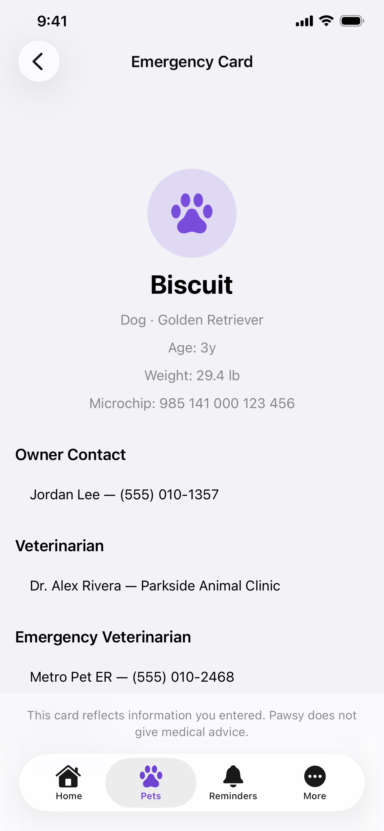 Biscuit Emergency Card showing owner, veterinarian, and emergency veterinarian contacts
