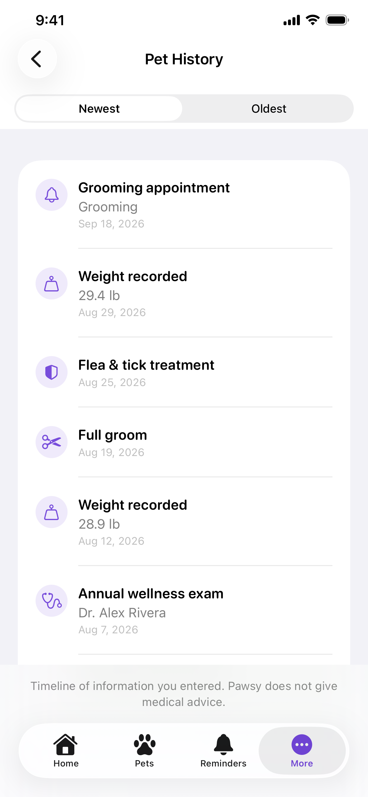 Pawsy Pet History screen showing Biscuit’s chronological care-event timeline