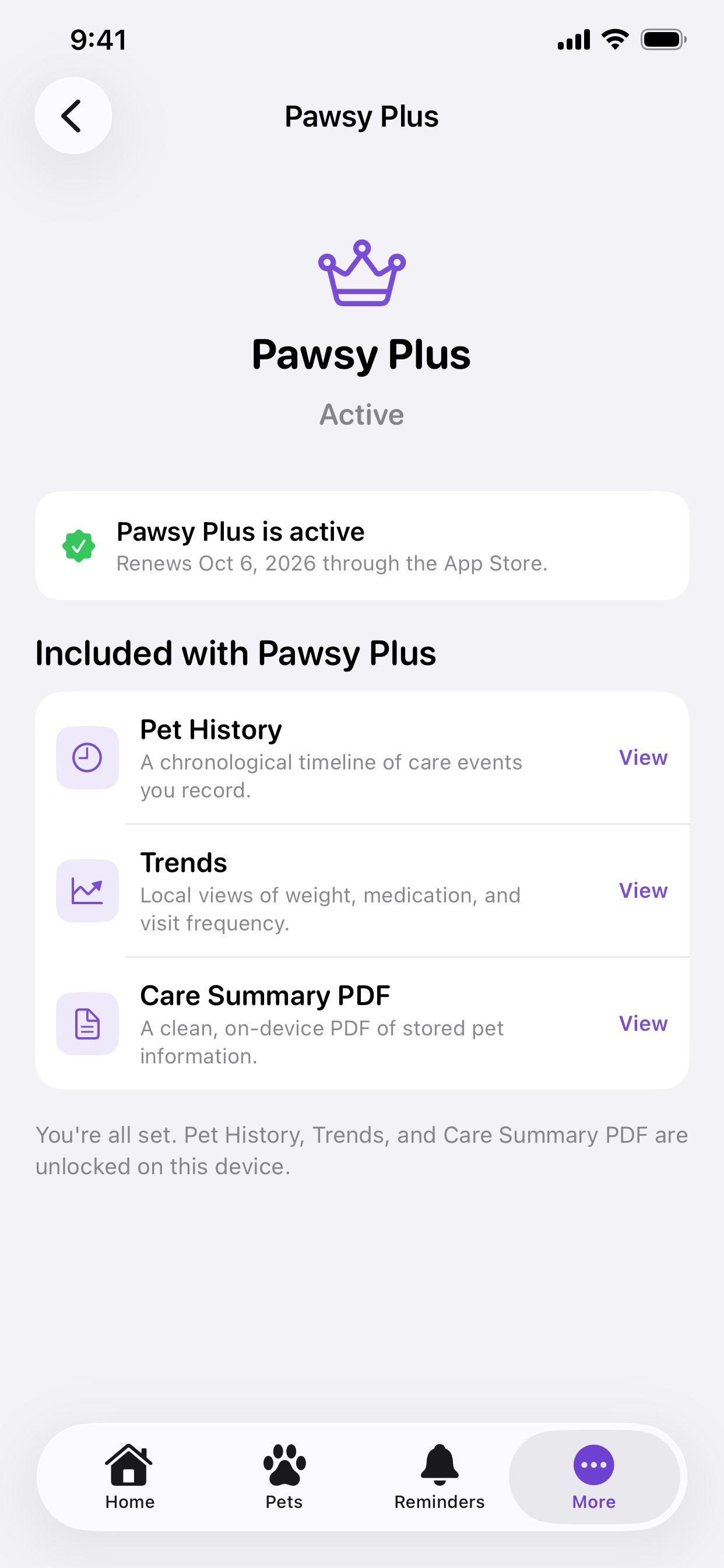 Pawsy Plus screen showing an active subscription and included Pet History, Trends, and Care Summary PDF features